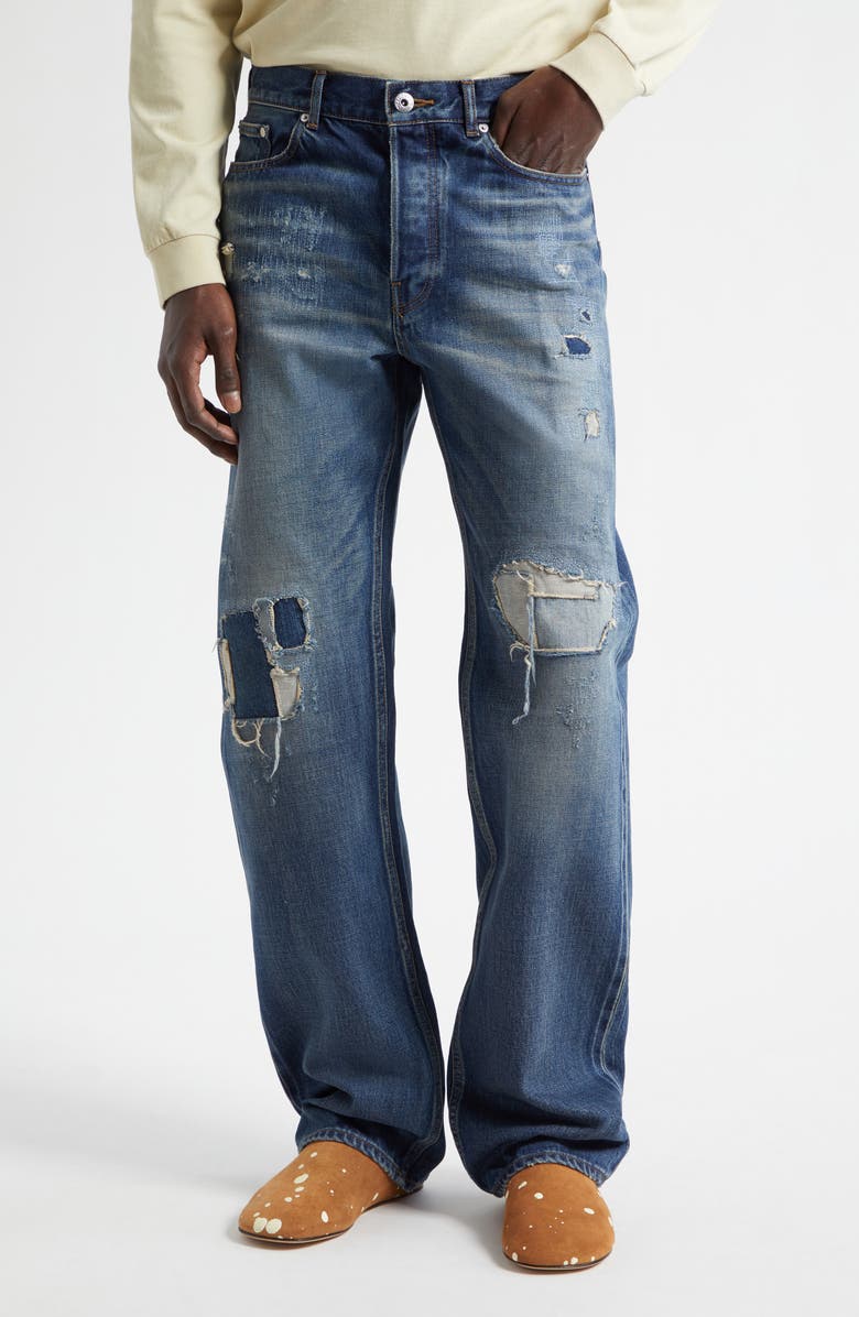 JW Anderson Rip & Repair Straight Leg Selvedge Jeans, Main, color, Dark Blue