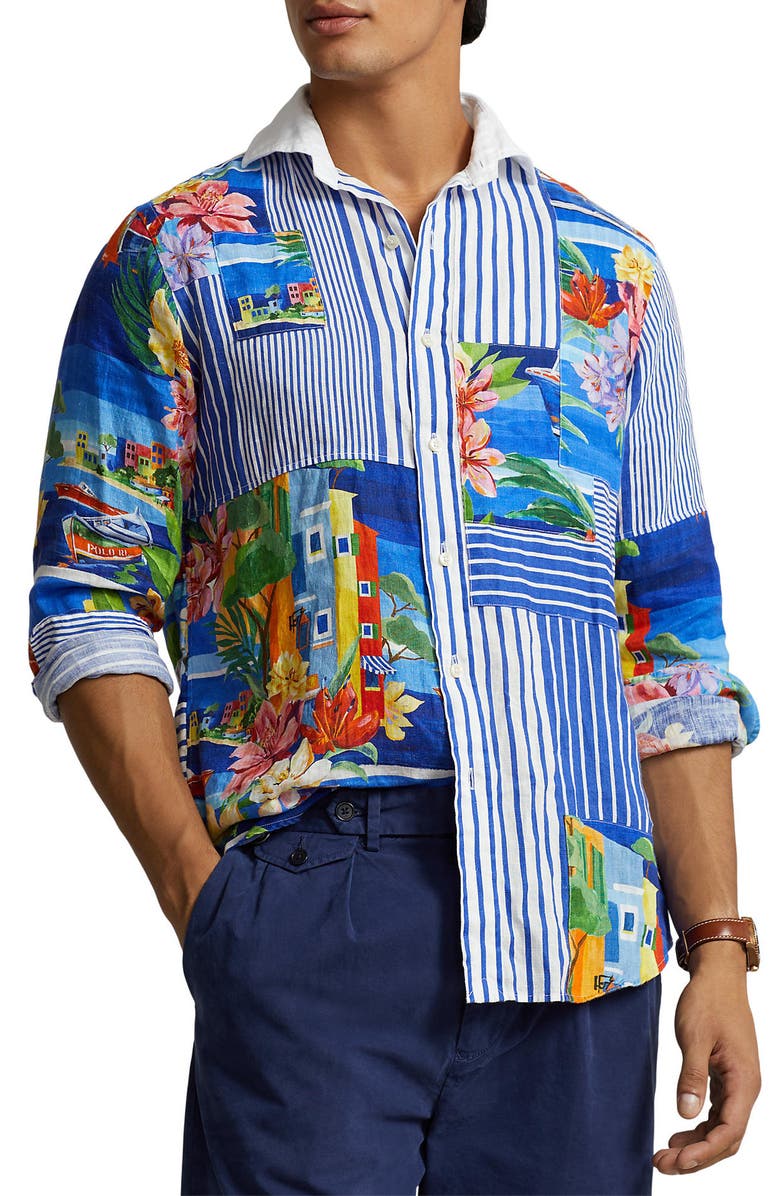 Polo Ralph Lauren Floral Patchwork Linen Button-Up Sport Shirt, Main, color,
