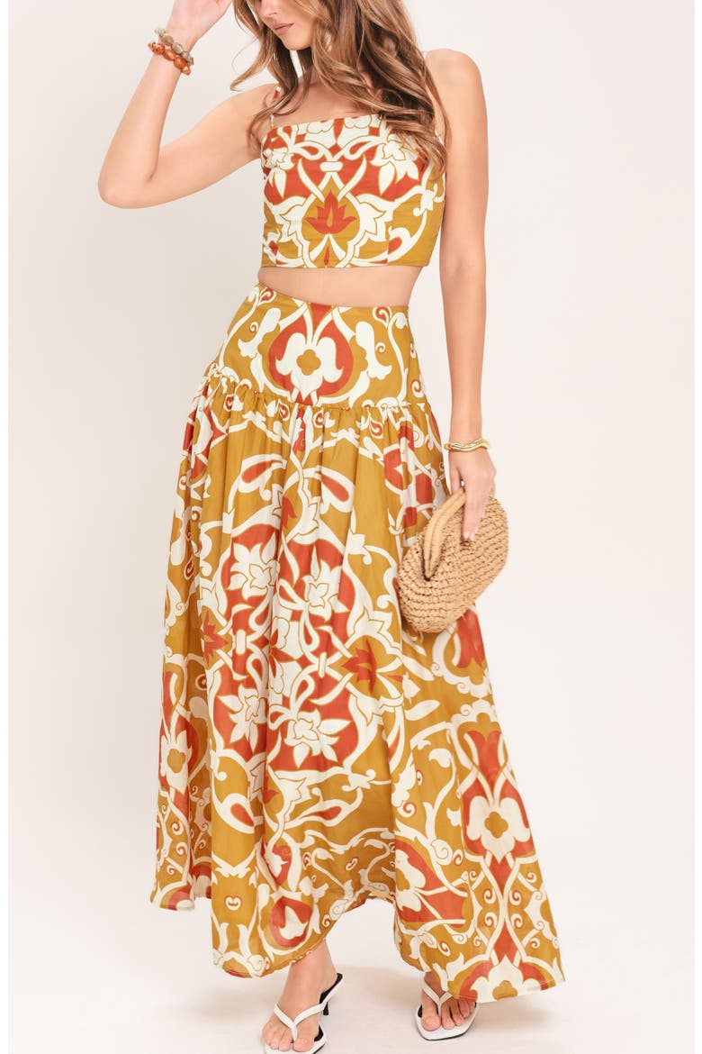 Print Crop Top and Maxi Skirt Set, Alternate, color, CAMEL MULTI