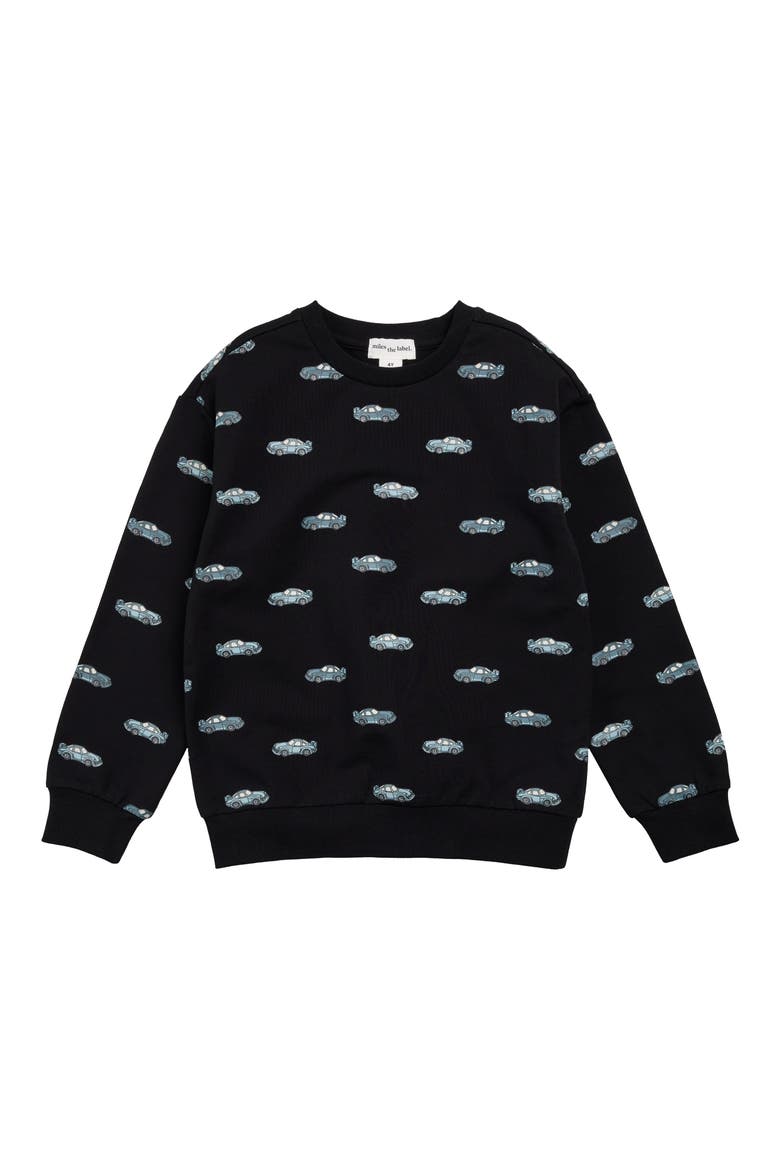 Kids' Racecar Print Stretch Organic Cotton French Terry Sweatshirt, Main, color, BLACK
