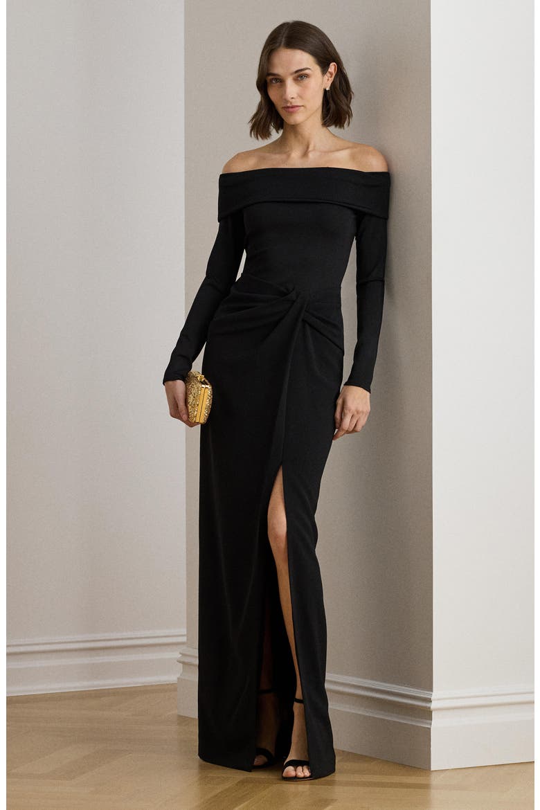 Off the Shoulder Long Sleeve Rib & Crepe Gown, Alternate, color, BLACK