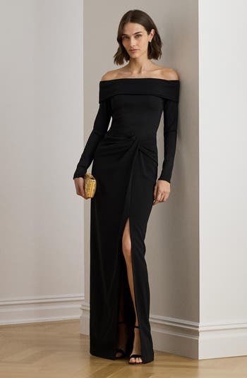 Off the Shoulder Long Sleeve Rib & Crepe Gown