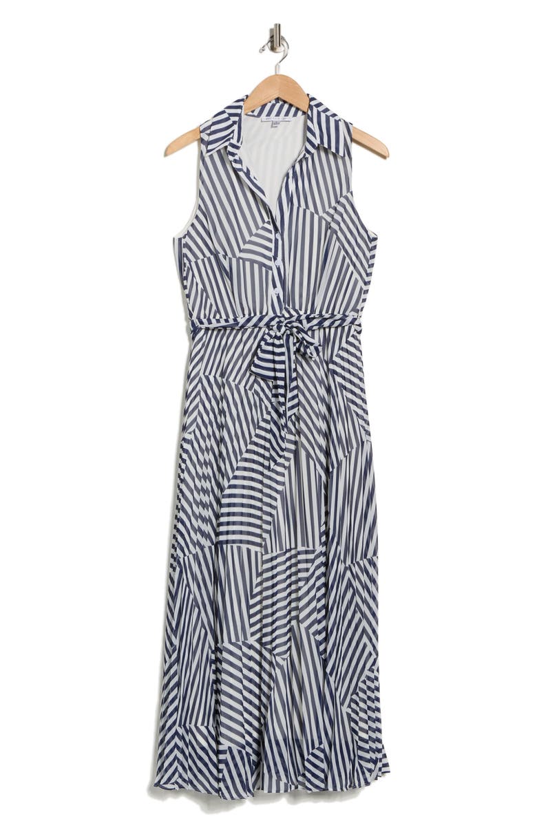 SANDRA DARREN Stripe Sleeveless Pleated Shirtdress, Main, color, Navy/ White