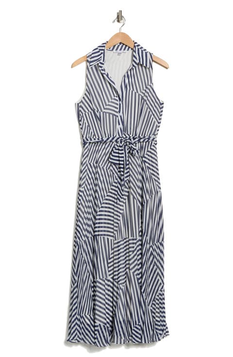Stripe Sleeveless Pleated Shirtdress