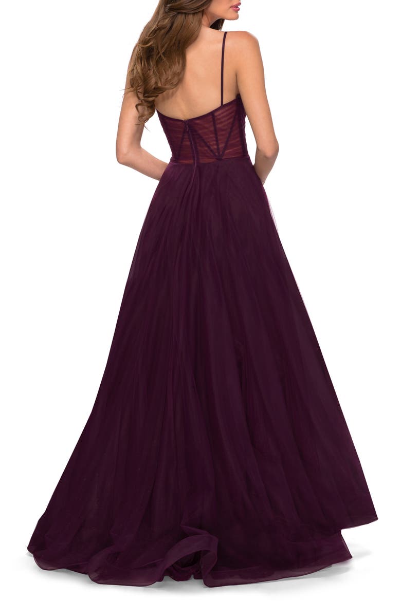A Line Tulle Prom Dress with Sheer Bodice, Alternate, color, DARK BERRY