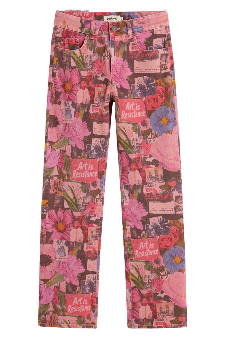 Patchwork Print Straight Leg Jeans, Alternate, color, PINK