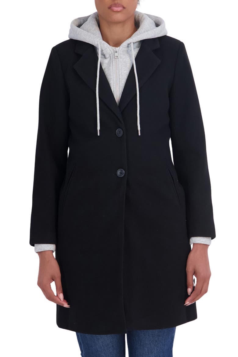 Faux Wool Single Breasted Coat with Hooded Bib, Main, color, BLACK