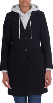 Sebby Faux Wool Single Breasted Coat with Hooded Bib