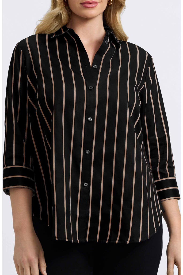 Margie Stripe Three-Quarter Sleeve Button-Up Shirt, Main, color, BLACK/ ALMOND