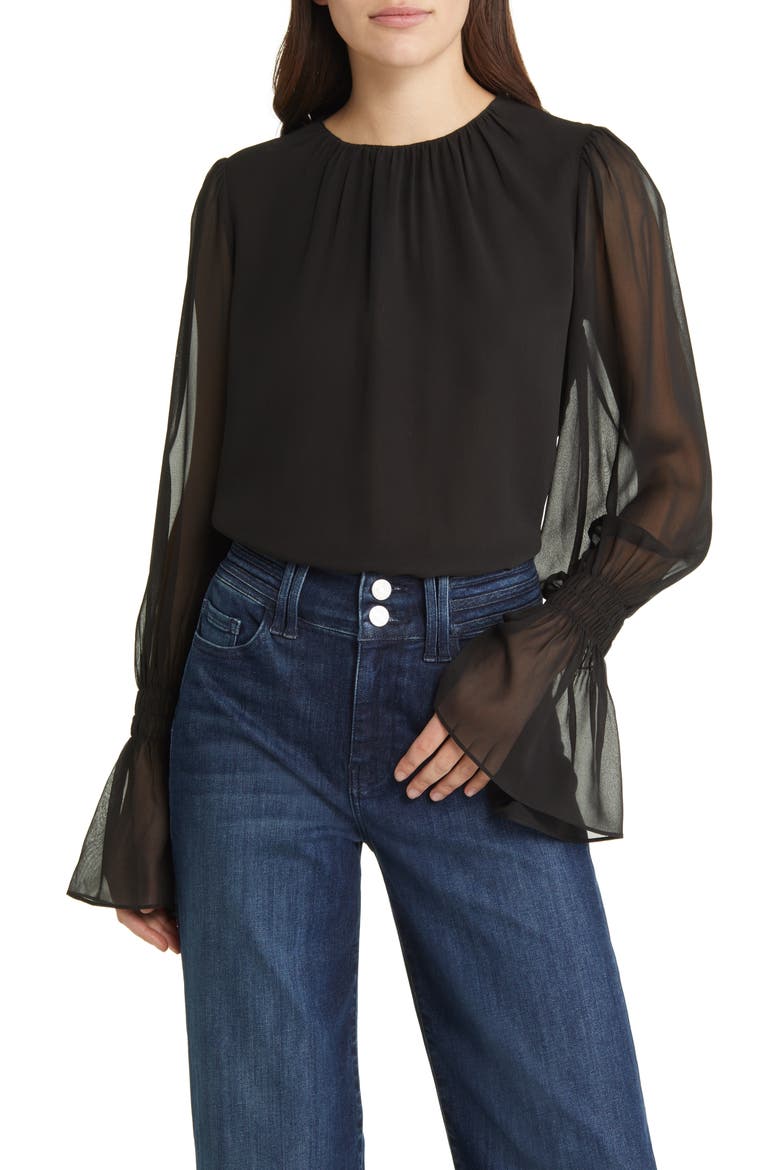 Ruffle Cuff Silk Georgette Blouse, Main, color, NOIR