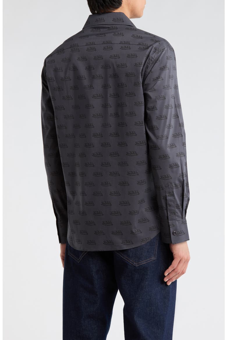 Logo Print Button-Up Shirt, Alternate, color, DK GREY BLACK