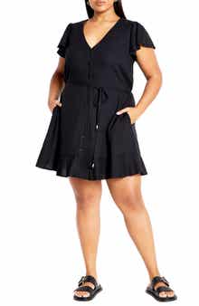 City Chic Betty Flutter Sleeve Button Front Tie Waist Dress