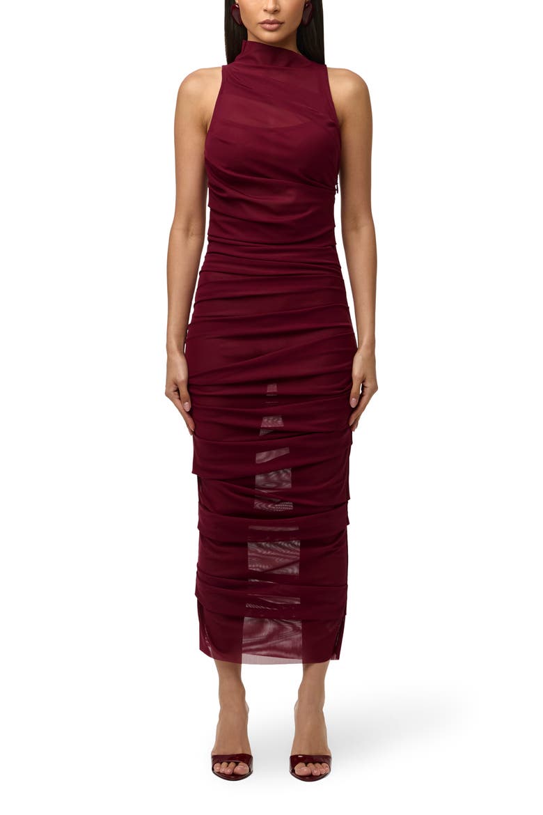 Asymmetric Mock Neck Sheer Mesh Midi Dress, Main, color, SANGRIA