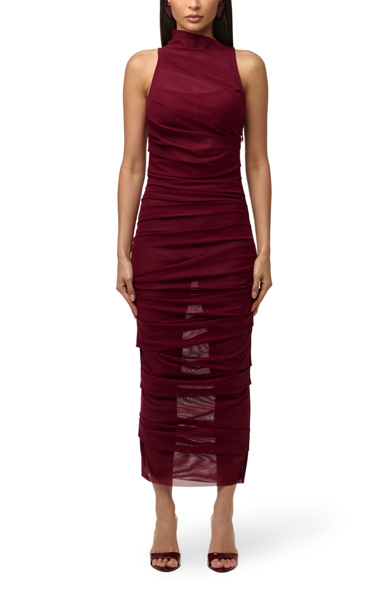 Naked Wardrobe Asymmetric Mock Neck Sheer Mesh Midi Dress, Main, color, Sangria