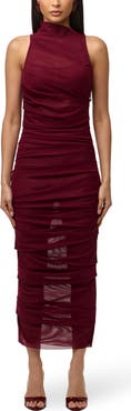 Naked Wardrobe Asymmetric Mock Neck Sheer Mesh Midi Dress