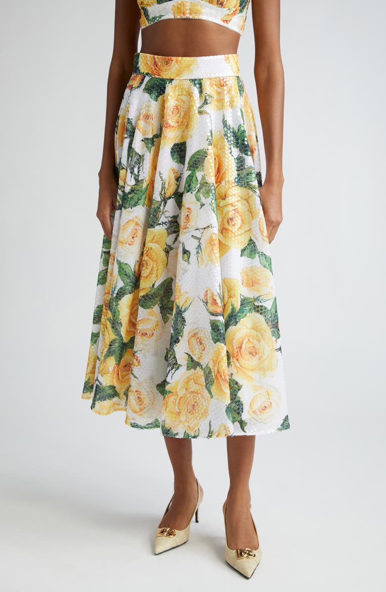 Dolce&Gabbana Rose Print Sequin A-Line Skirt, Main, color, 