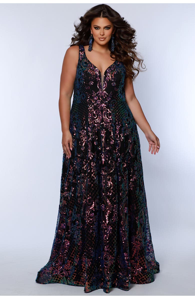Sydney's Closet Bra-Friendly V-Neckline Sequin A-Line Plus Size Gown, Main, color, 