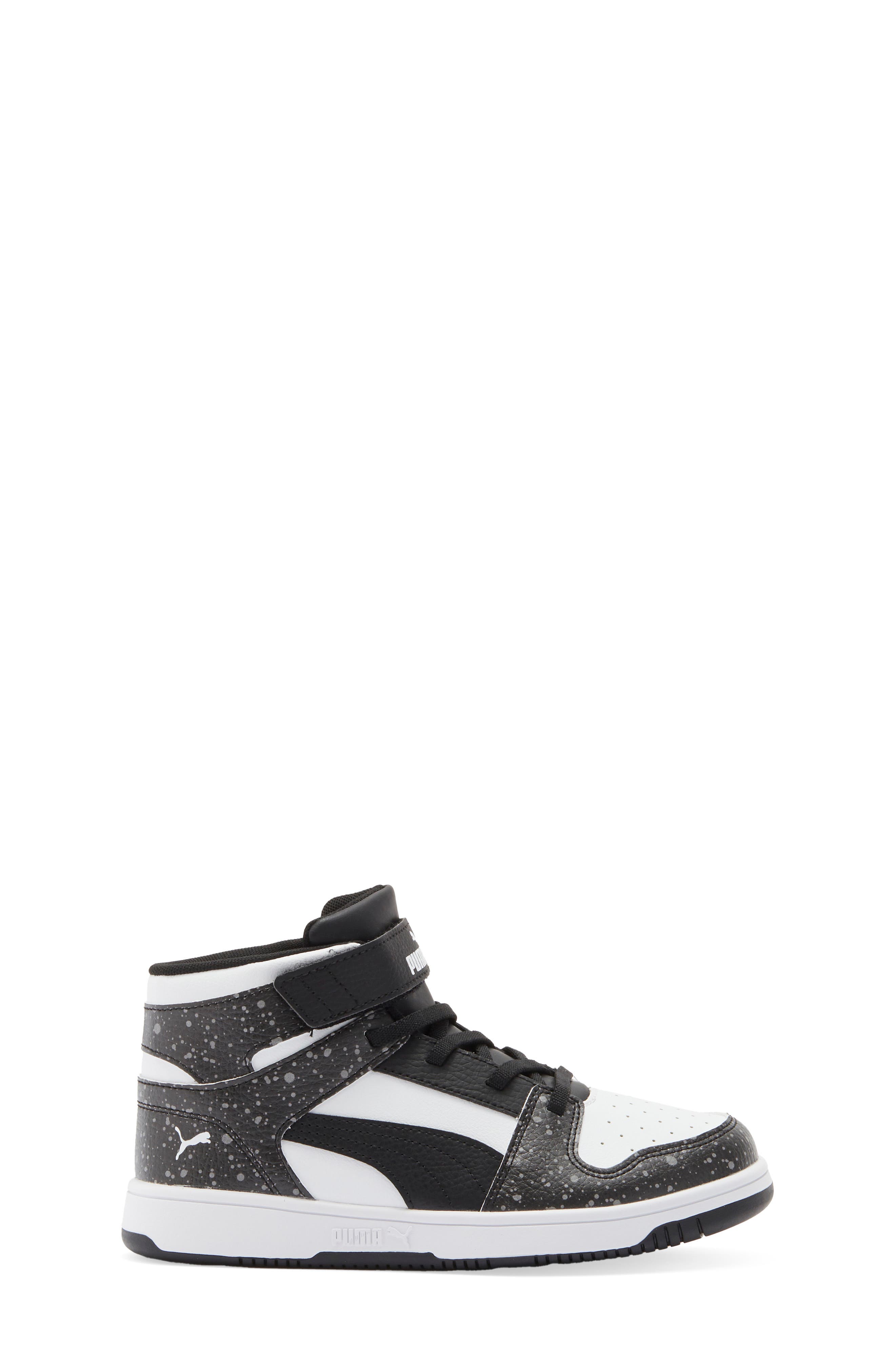 PUMA Kids' Rebound Layup Splatter High Top Sneaker, Alternate, color, Puma Black/ Puma White/ Gray
