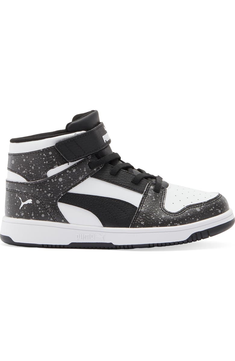 PUMA Kids' Rebound Layup Splatter High Top Sneaker, Alternate, color, Puma Black/ Puma White/ Gray