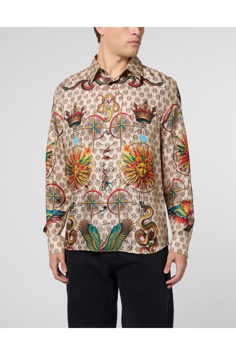 Silk Pajamas Shirt Monogram Tattoo Men, Main, color, beige