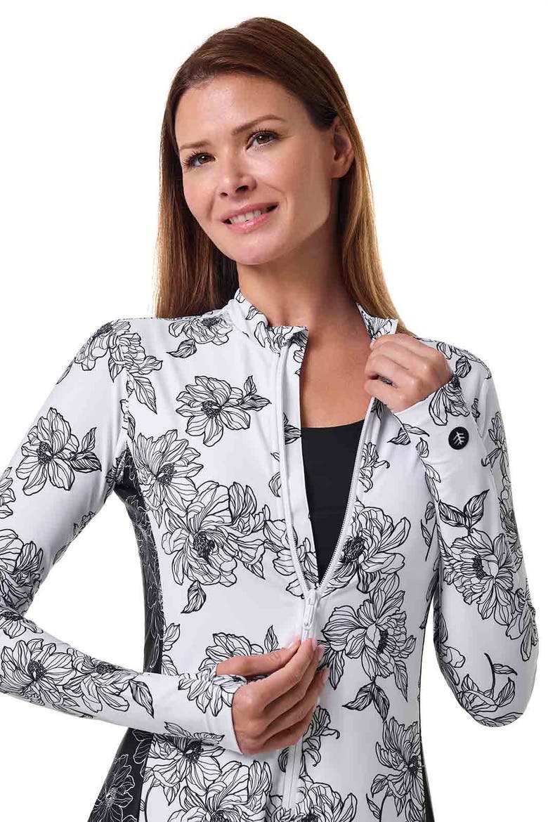 Aspen Sunrise Swim Dress with Long Sleeves, UPF 50+ Sun Protection, Alternate, color, White/Black