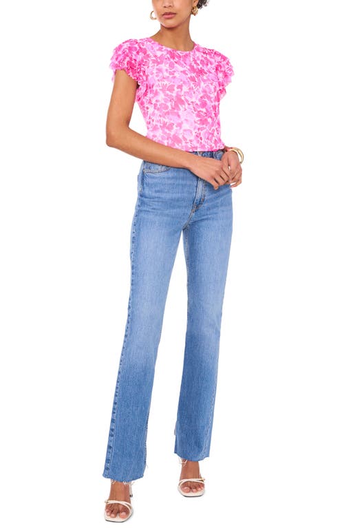 Vince Camuto Floral Ruffle Sleeve Mesh Top In Pink