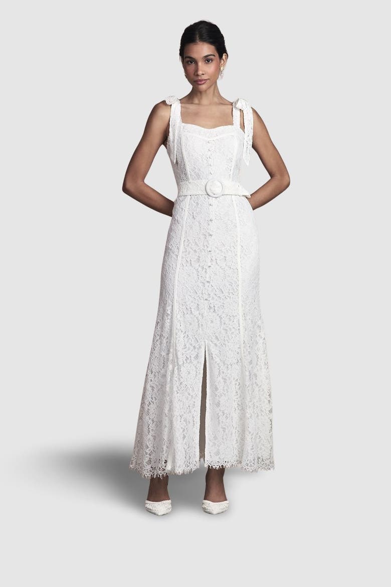 Lace Bow Shoulder Maxi Wedding Dress, Main, color, Ivory