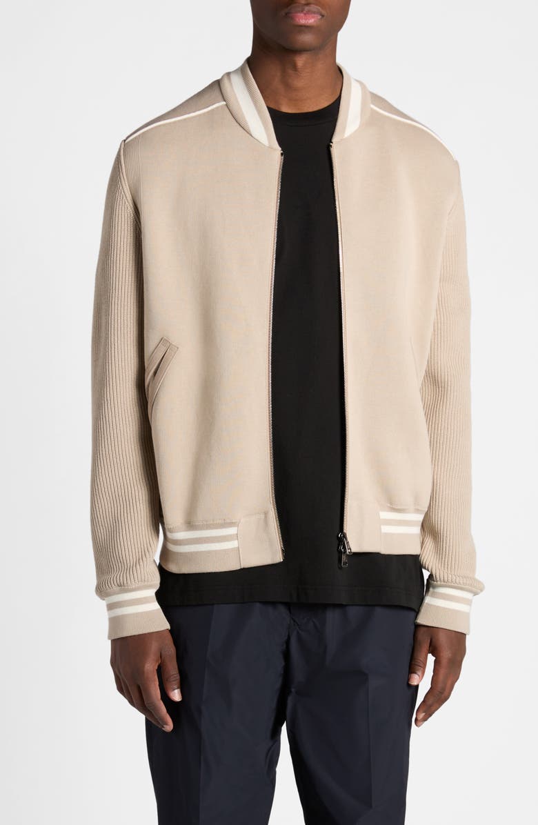 Moncler Cotton Blend Knit & Quilted Down Cardigan, Main, color, Medium Beige