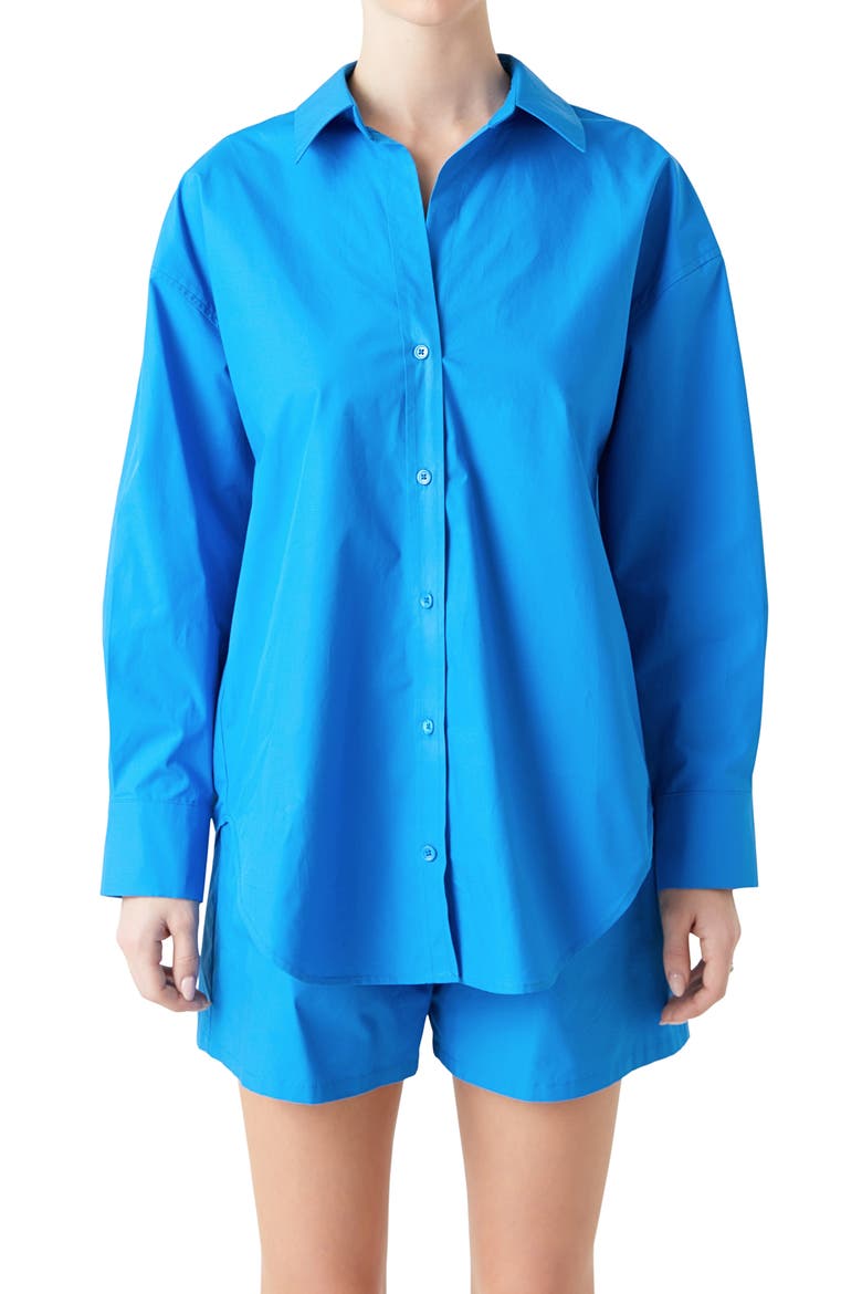 Oversize Cotton Button-Up Shirt, Alternate, color, BLUE