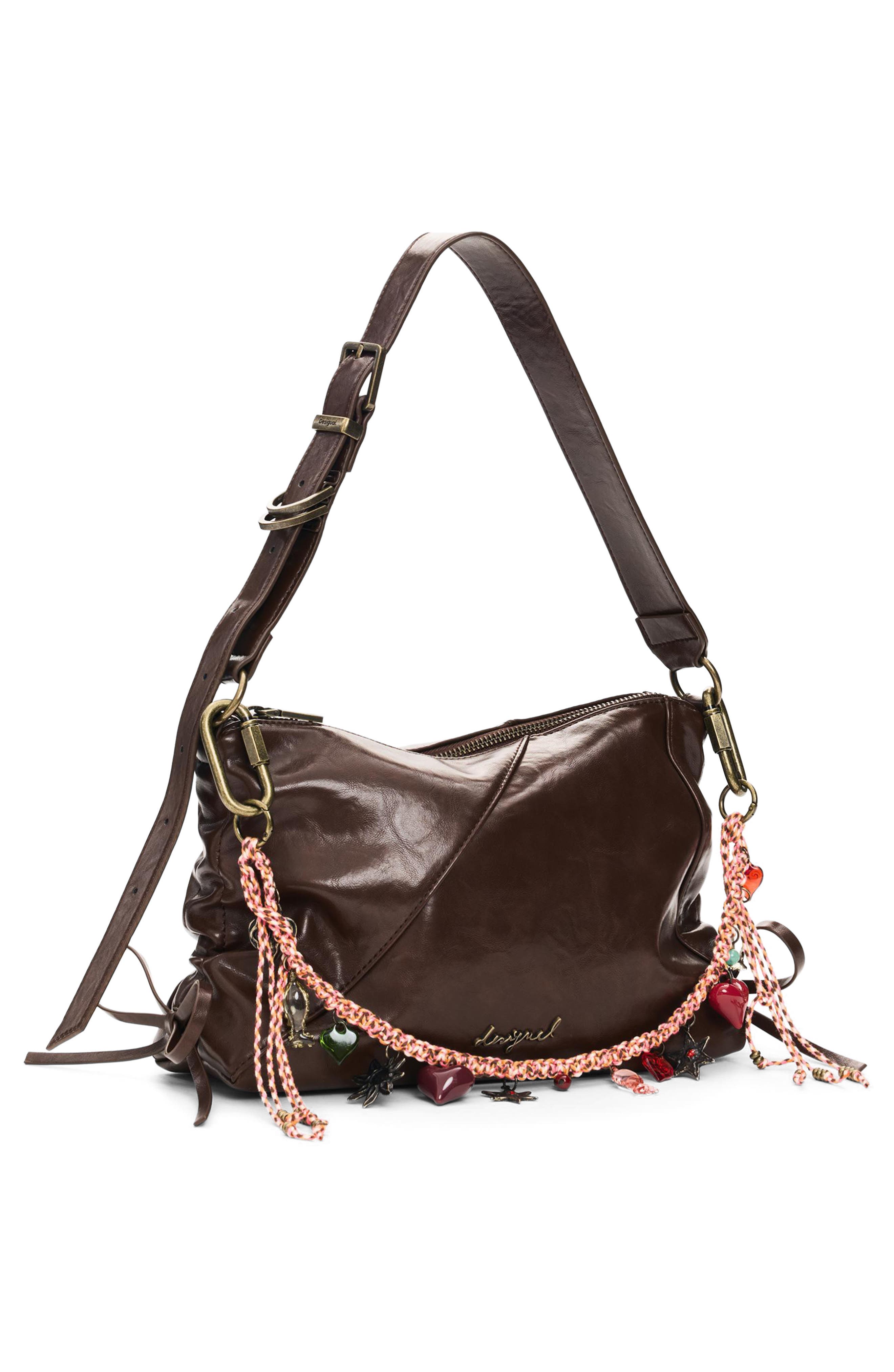 Medium Charm Strap Faux Leather Crossbody Bag, Alternate, color, DARK BROWN