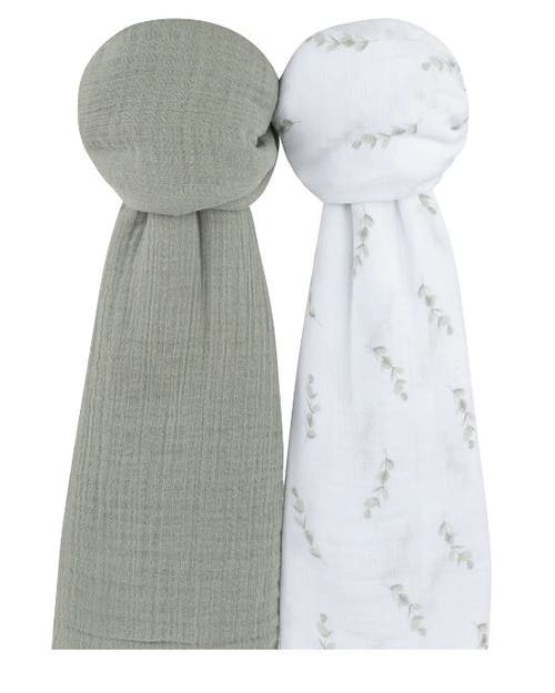 Swaddle Blanket Cotton Muslin 2 Pack In Eucalyptus Print/solid Sage