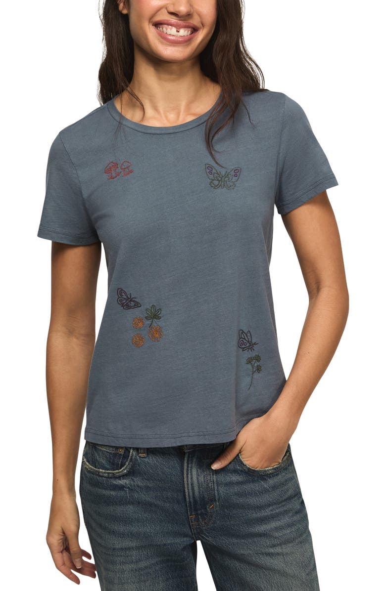 Lucky Brand Floral Butterfly Embroidered T-Shirt, Main, color, Flint Stone