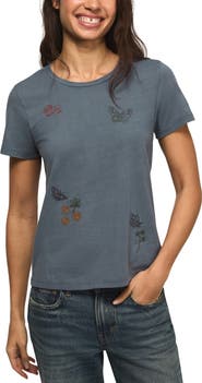 Lucky Brand Floral Butterfly Embroidered T-Shirt