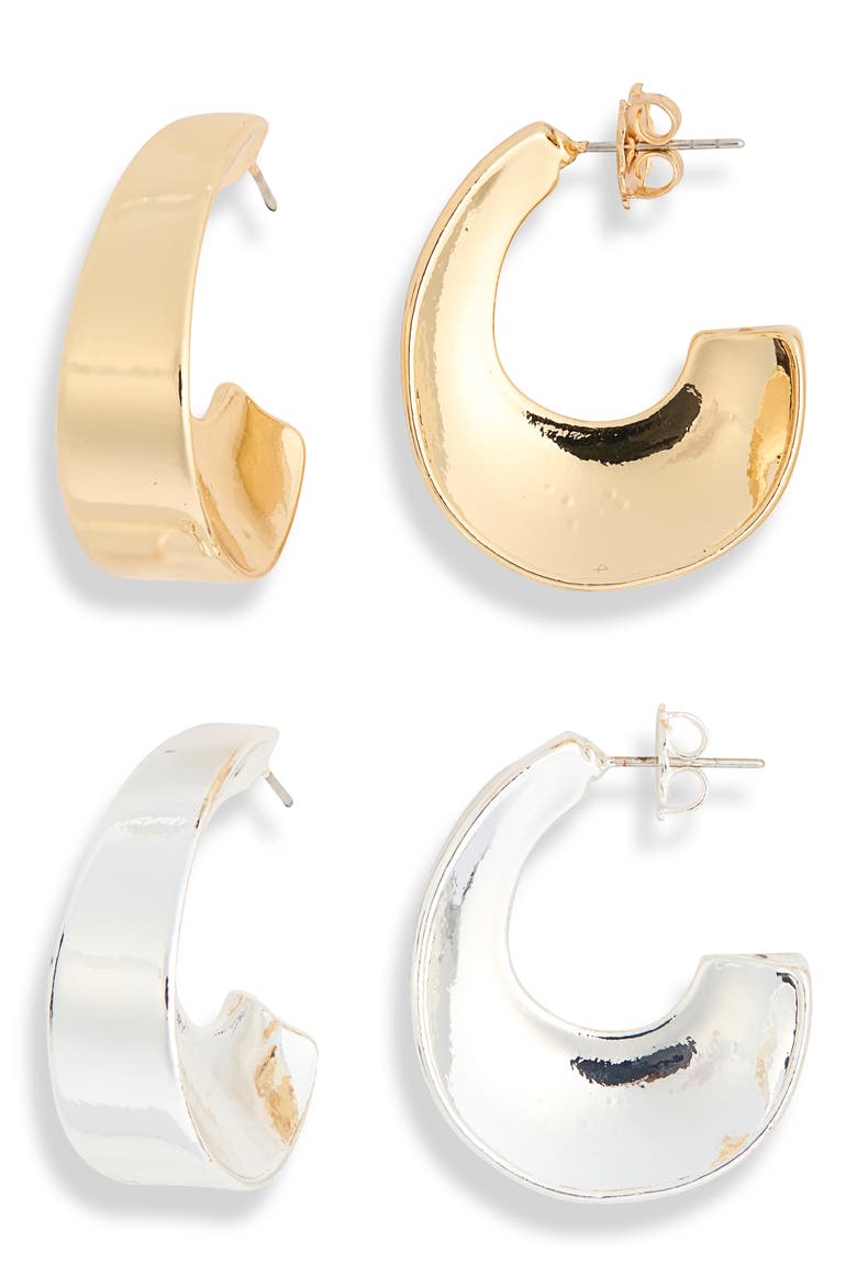 Set of 2 Wide Hoop Earrings, Main, color, GOLD- SILVER