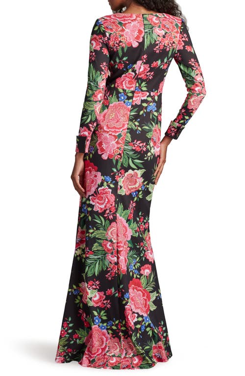 Tadashi Shoji Floral Long Sleeve Evening Gown In Black/fuchsia Floral
