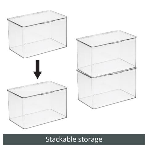 Plastic Bath Stacking Storage Organizer Box, Hinged Lid, 4 Pack