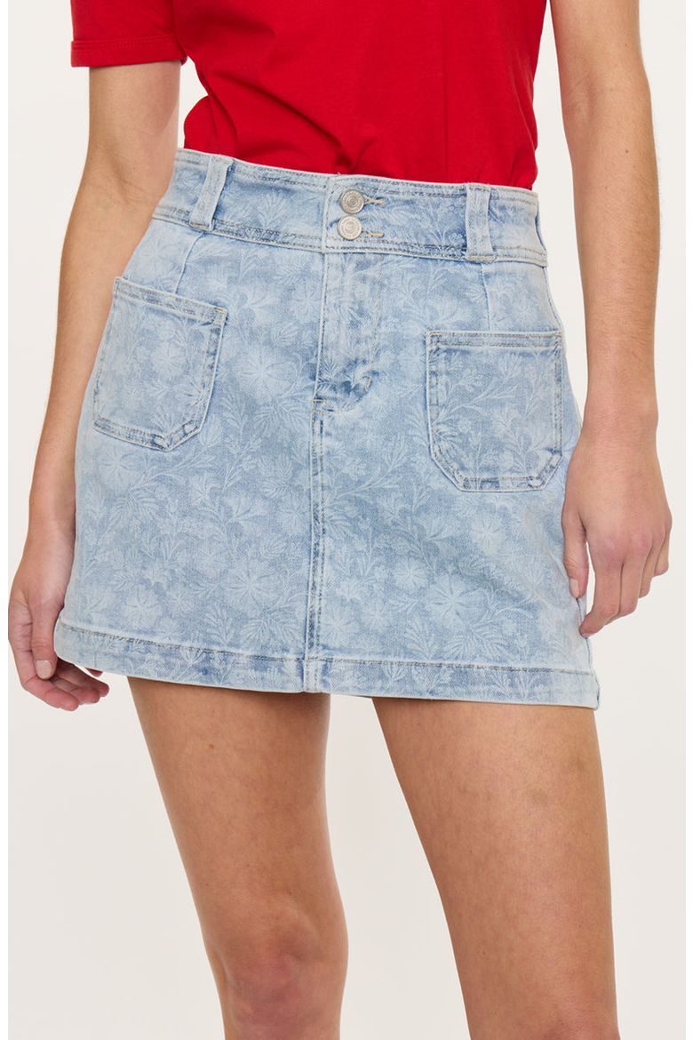 Aria Mid Rise Floral Print Denim Mini Skir, Alternate, color, Light Wash