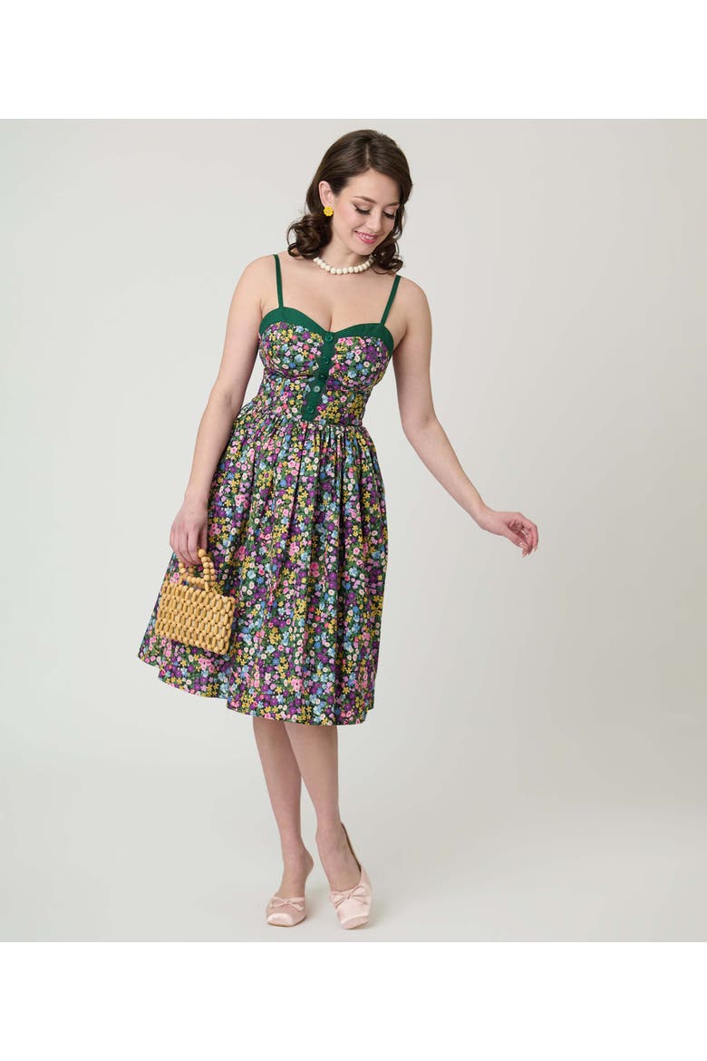 1950s Sleeveless Swing Dress, Alternate, color, Green Ditzy Floral Print