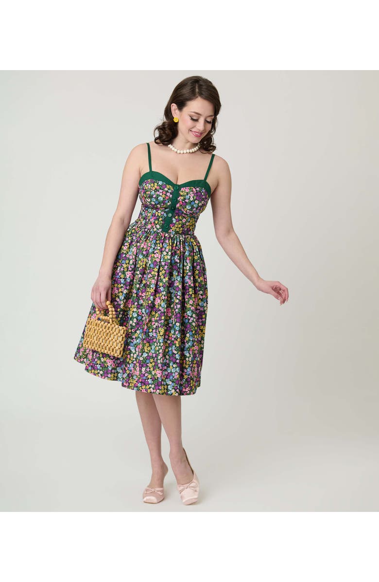 Unique Vintage 1950s Sleeveless Swing Dress, Alternate, color, Green Ditzy Floral Print