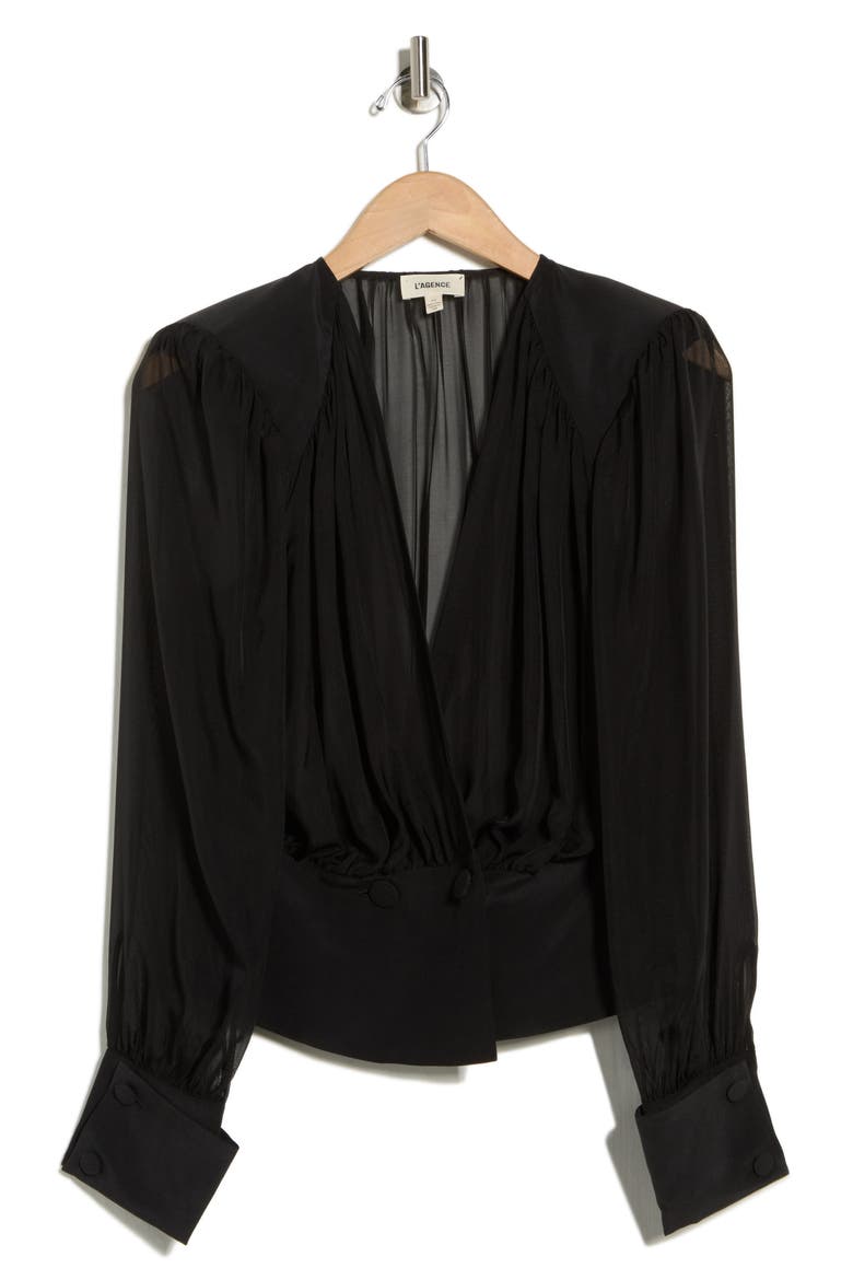 Tan Wrap Front Silk Top, Alternate, color, BLACK