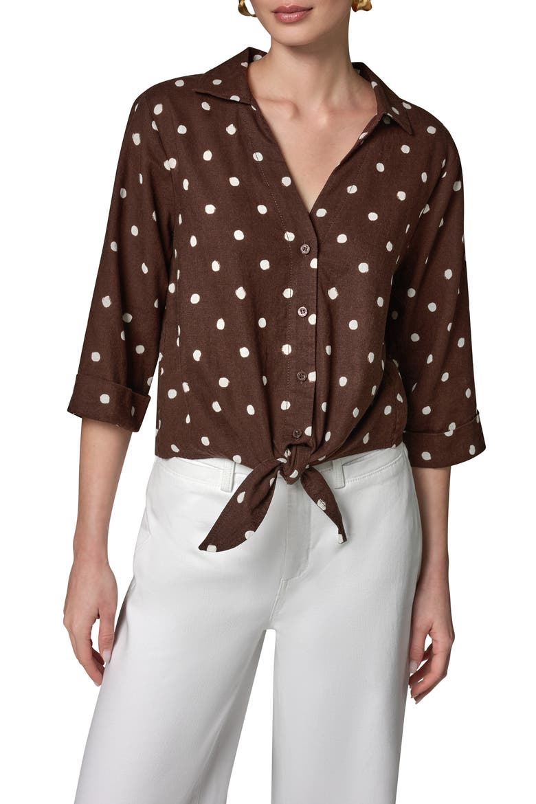 Polka Dot Linen Blend Tie Front Top, Main, color, CANYON DISTRESSED DOT