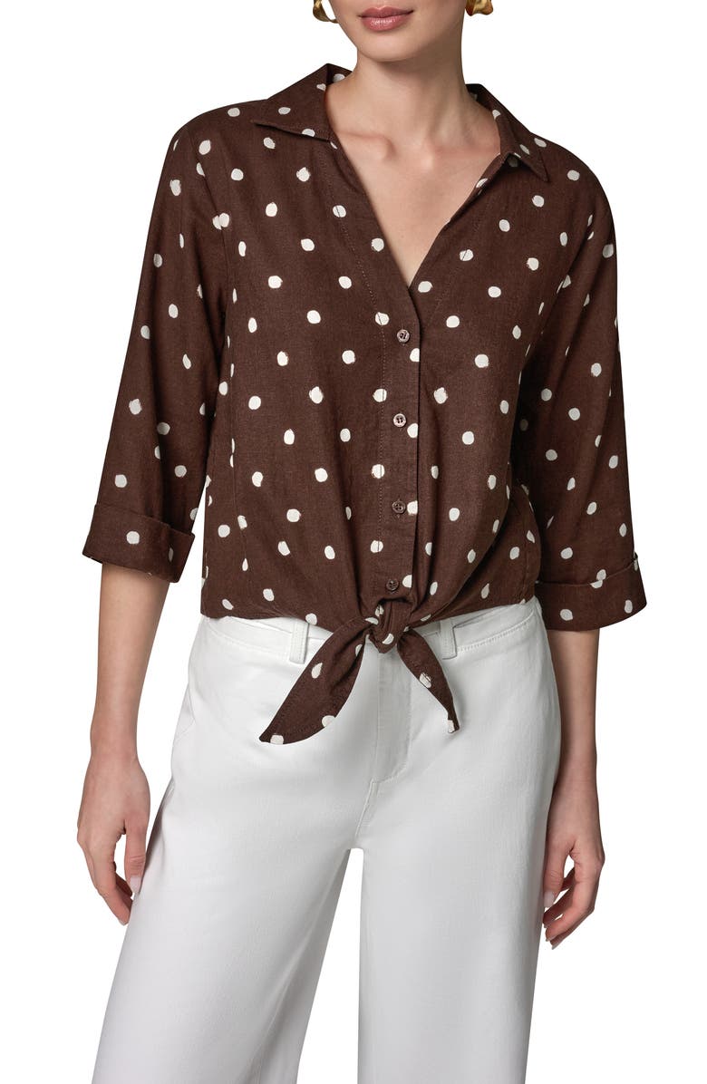 Donna Karan New York Polka Dot Linen Blend Tie Front Top, Main, color, Canyon Distressed Dot