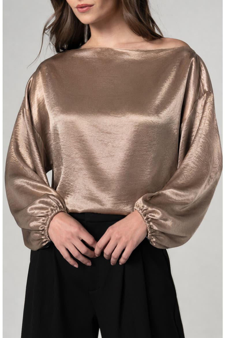 Textured Satin Bateau Neck Top, Main, color, SOFT BRONZE METALLIC