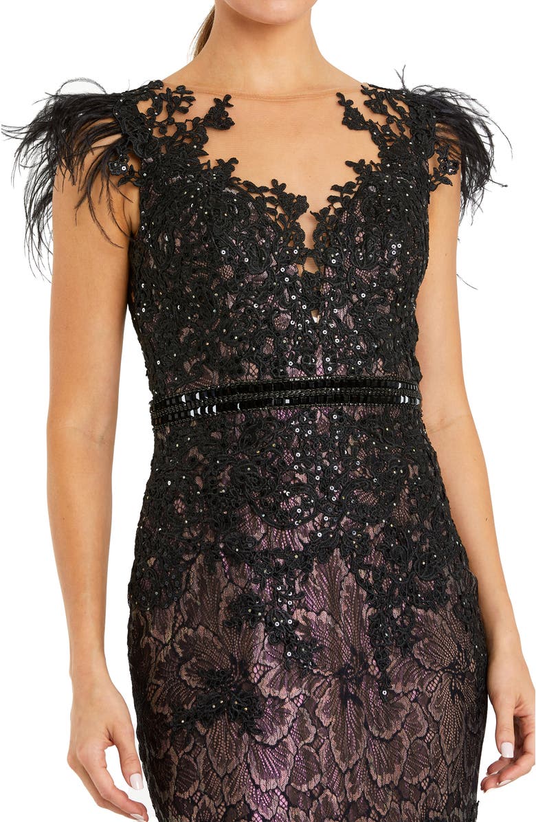 Mac Duggal Embellished Feather Cap Sleeve Trumpet Gown, Alternate, color, Black