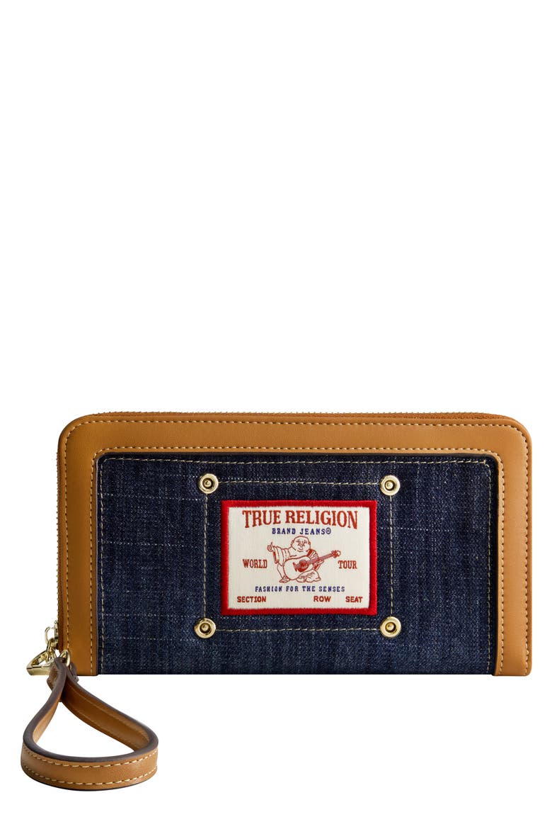 Buddha Patch Zip Around Wristlet, Main, color, DARK DENIM