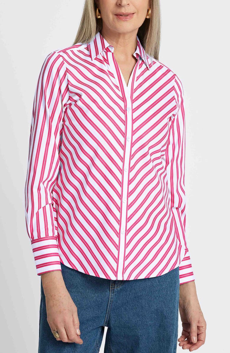 Foxcroft Mary Stripe Cotton Blend Button-Up Shirt, Main, color, Ruby Pink/ White