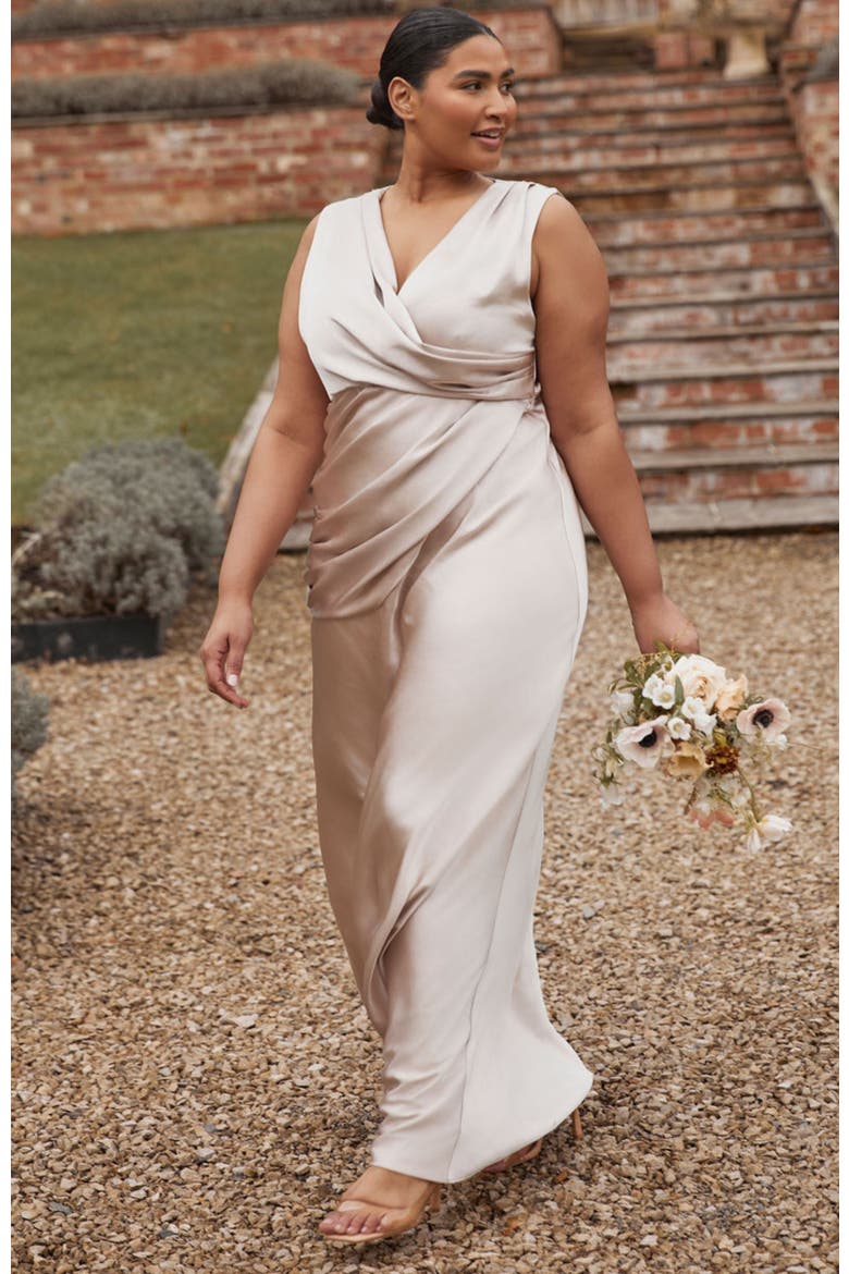 Plunge Drape Satin Bridesmaid Dress, Alternate, color, Oyster