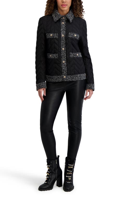 Karl Lagerfeld Tweed Trim Quilted Puffer Jacket In Black