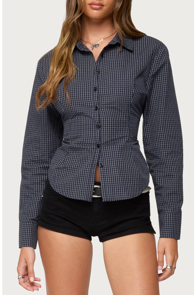 Lisbet Check Button-Up Lace-Up Shirt, Main, color, NAVY