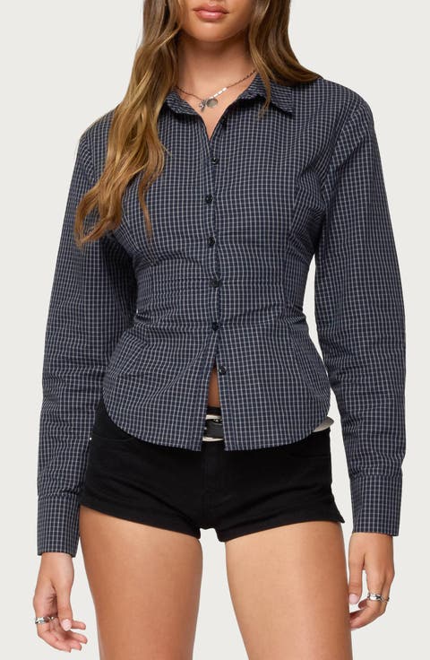 Lisbet Check Button-Up Lace-Up Shirt